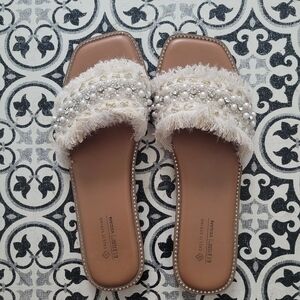 Call It Spring Beige and White Pearl Embellished Sandals